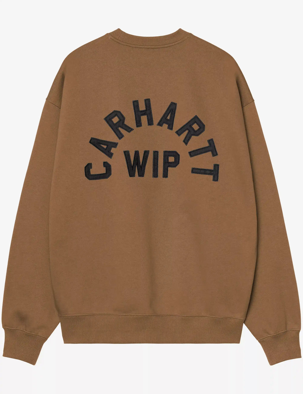 Brown crewneck sweatshirt with large dark back logo lettering, ribbed cuffs