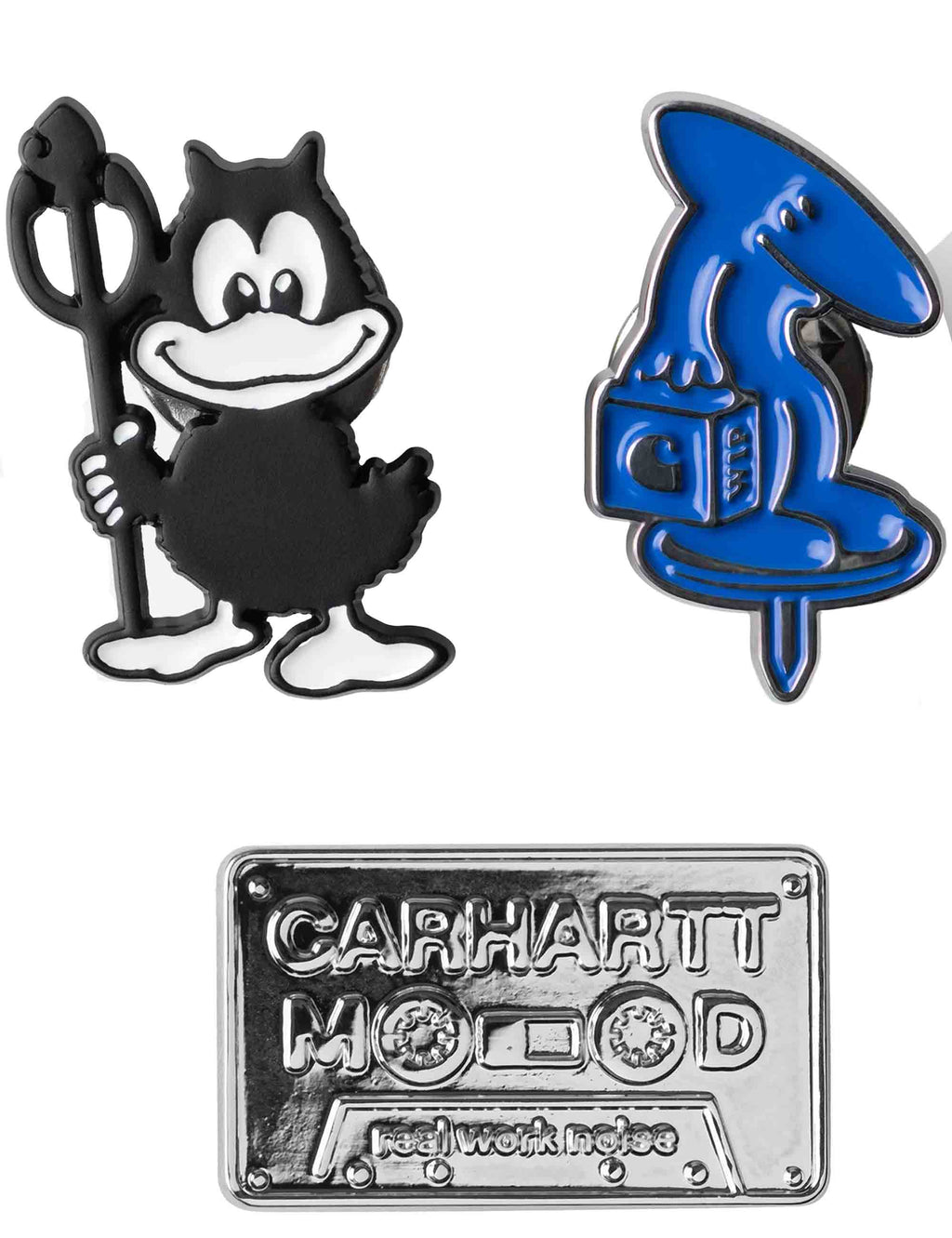 Enamel pin set featuring black Mickey-style character, blue character, and metal logo pin