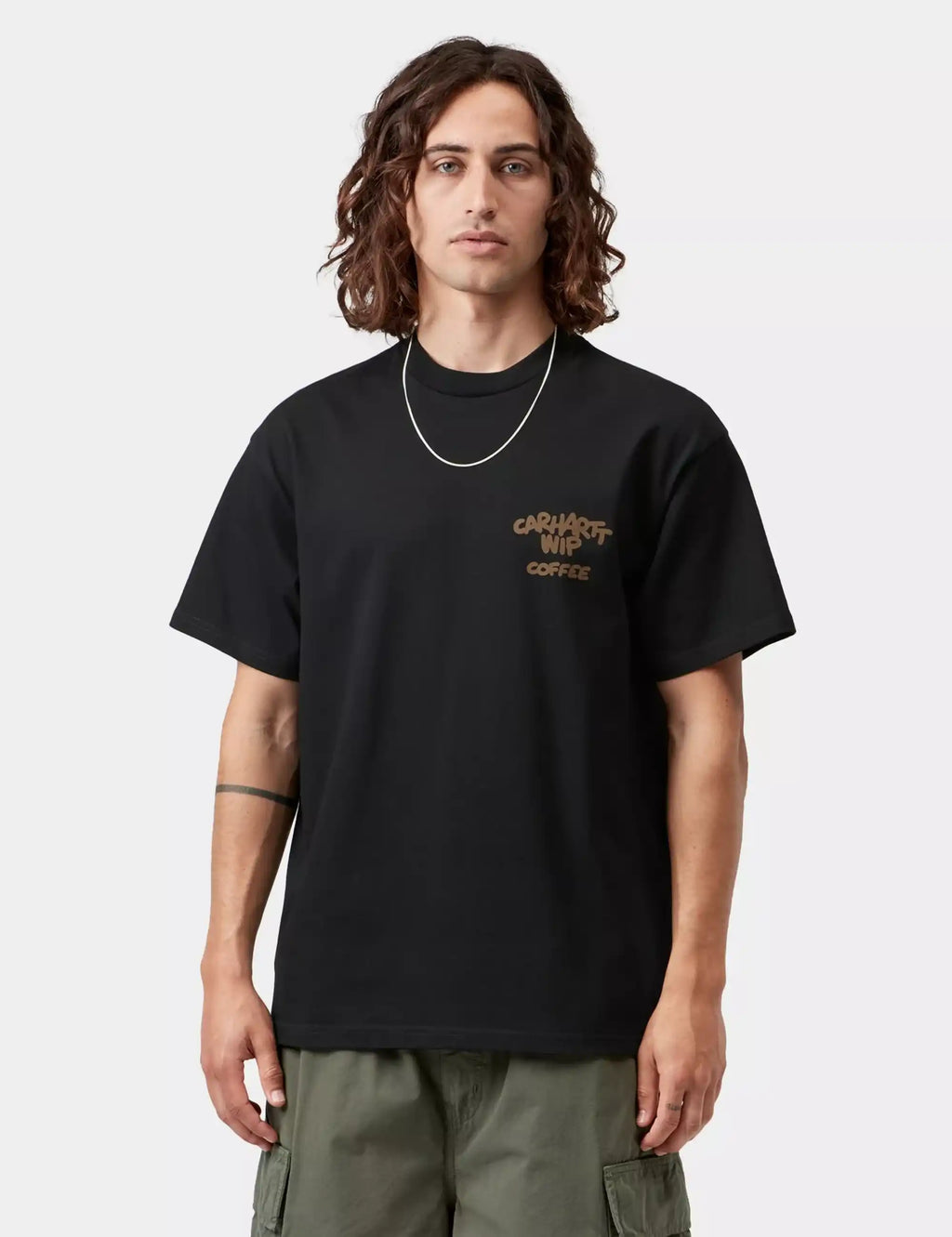 Front view black T-shirt with Carhartt WIP Coffee graphic at chest