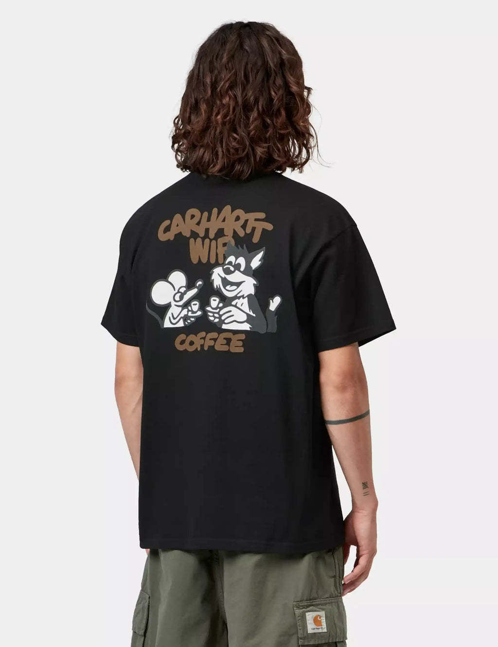 Back view black T-shirt with large Carhartt WIP Coffee graphic