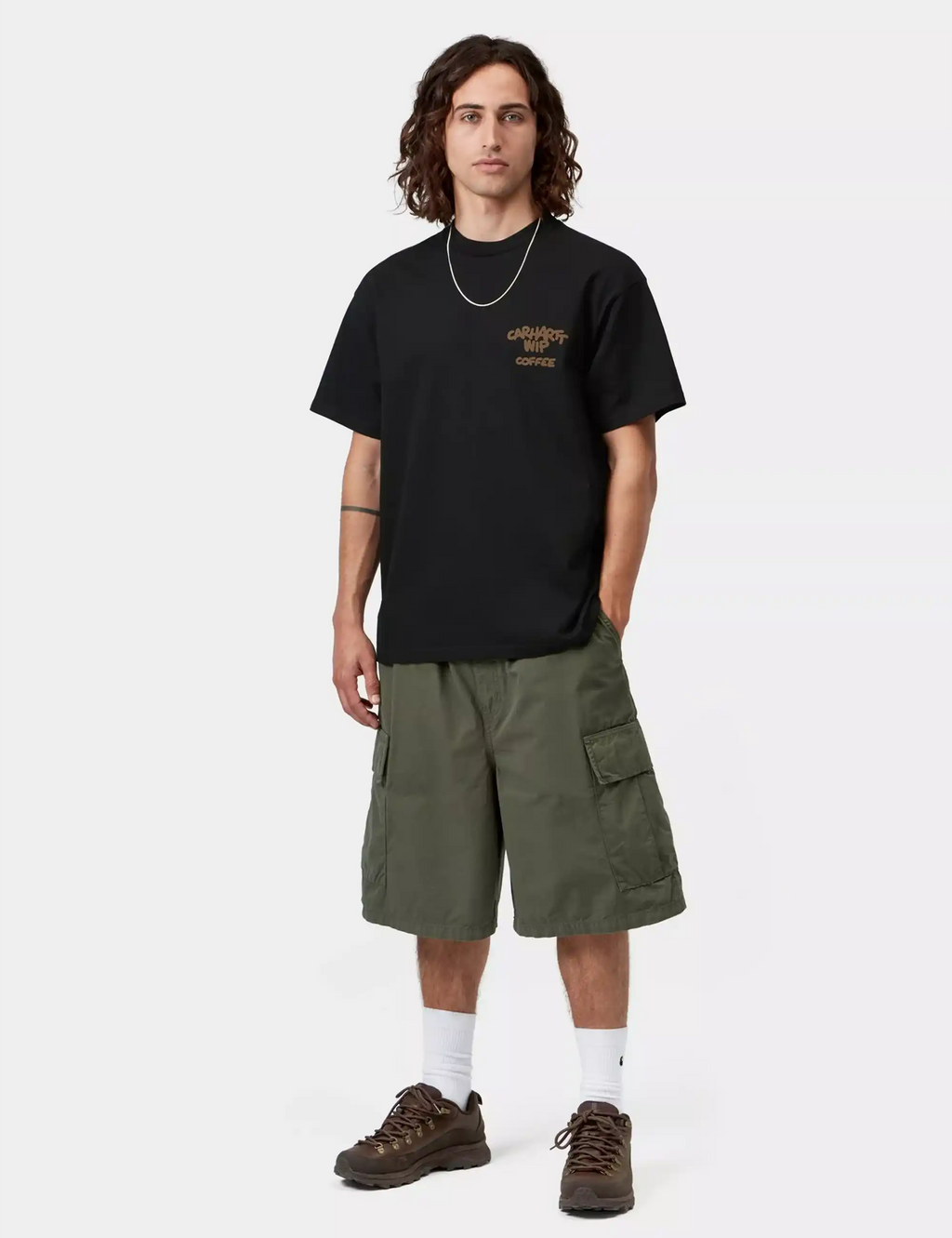 Front view black T-shirt with small Carhartt WIP Coffee chest logo