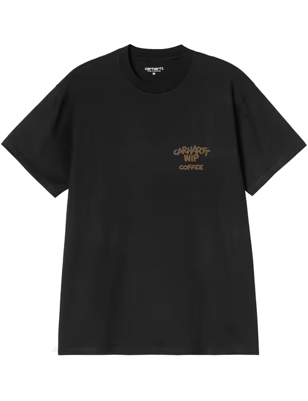 Black T-shirt flat lay with small Carhartt WIP Coffee chest logo