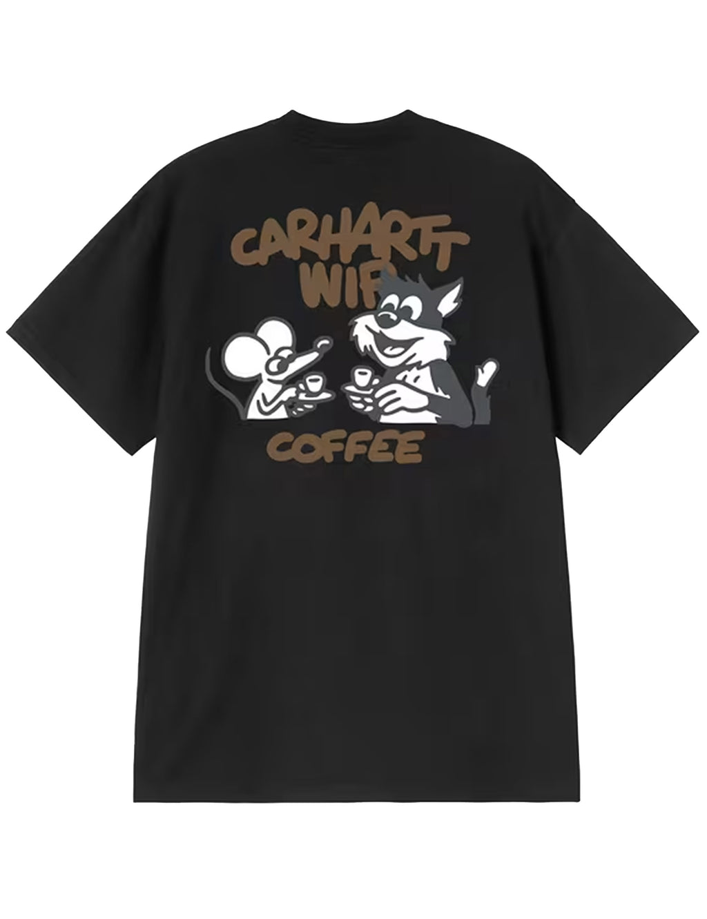 Back view black T-shirt flat lay with large Carhartt WIP Coffee graphic