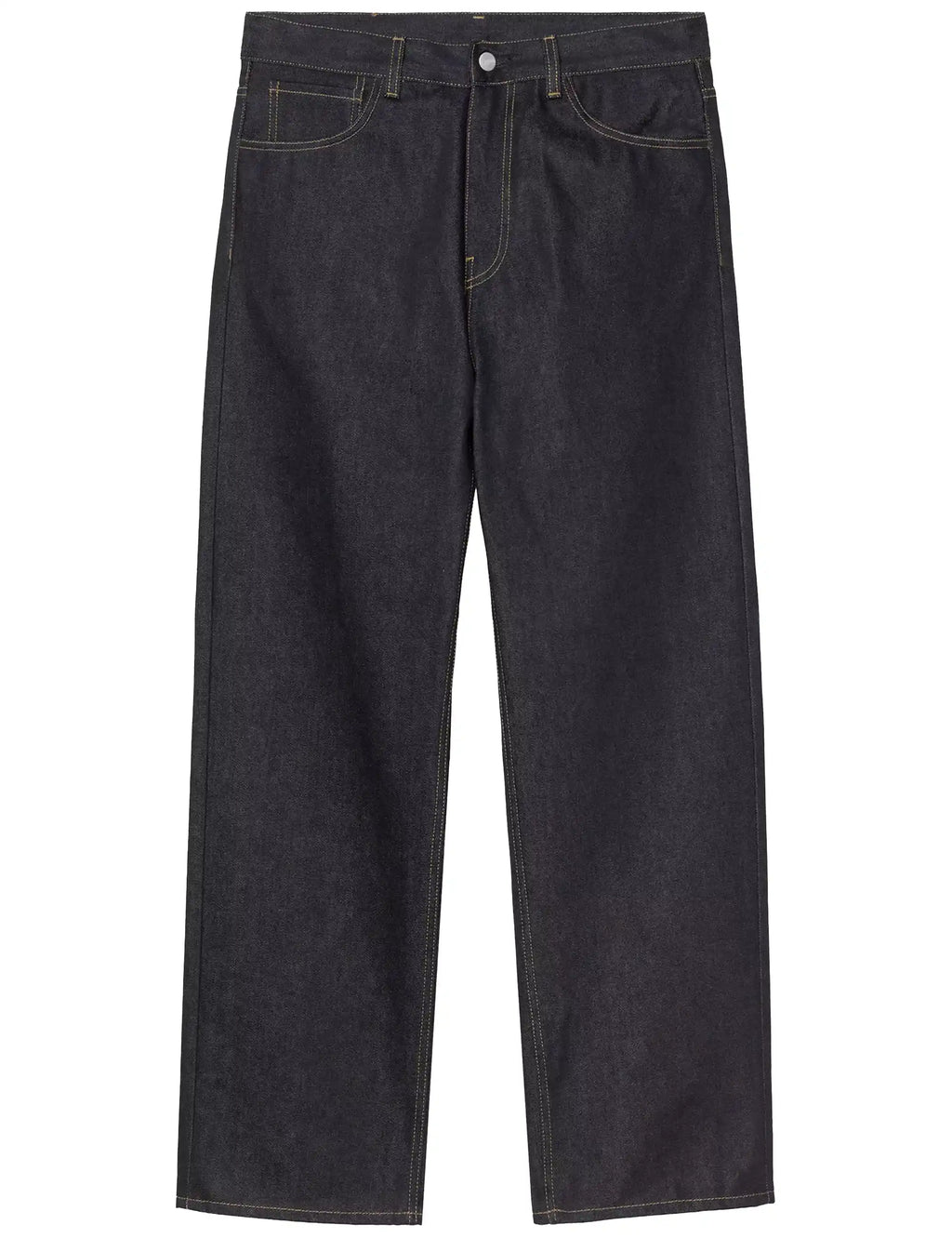 Dark blue rigid denim pants with straight legs and button fly