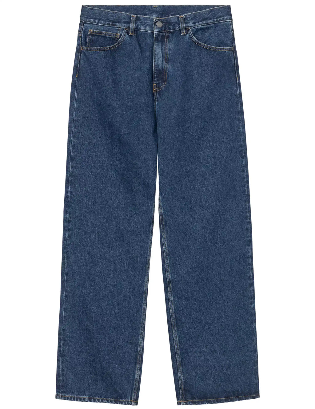 Blue stone-wash denim pant with straight wide legs, belt loops, and button-zip fly.