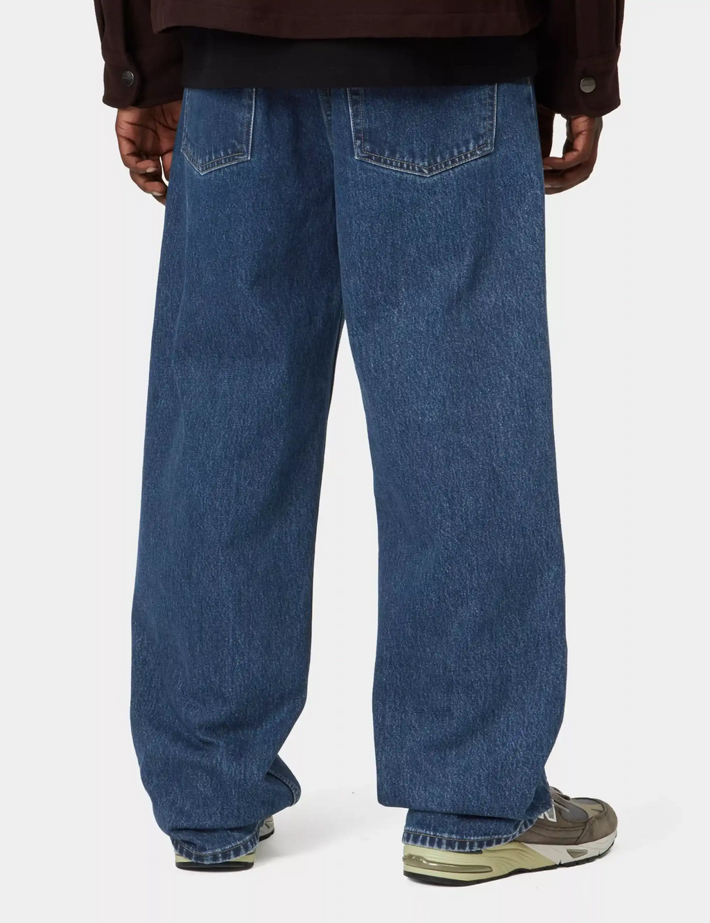 Stone-wash blue denim pants with back pockets and relaxed straight-leg silhouette.