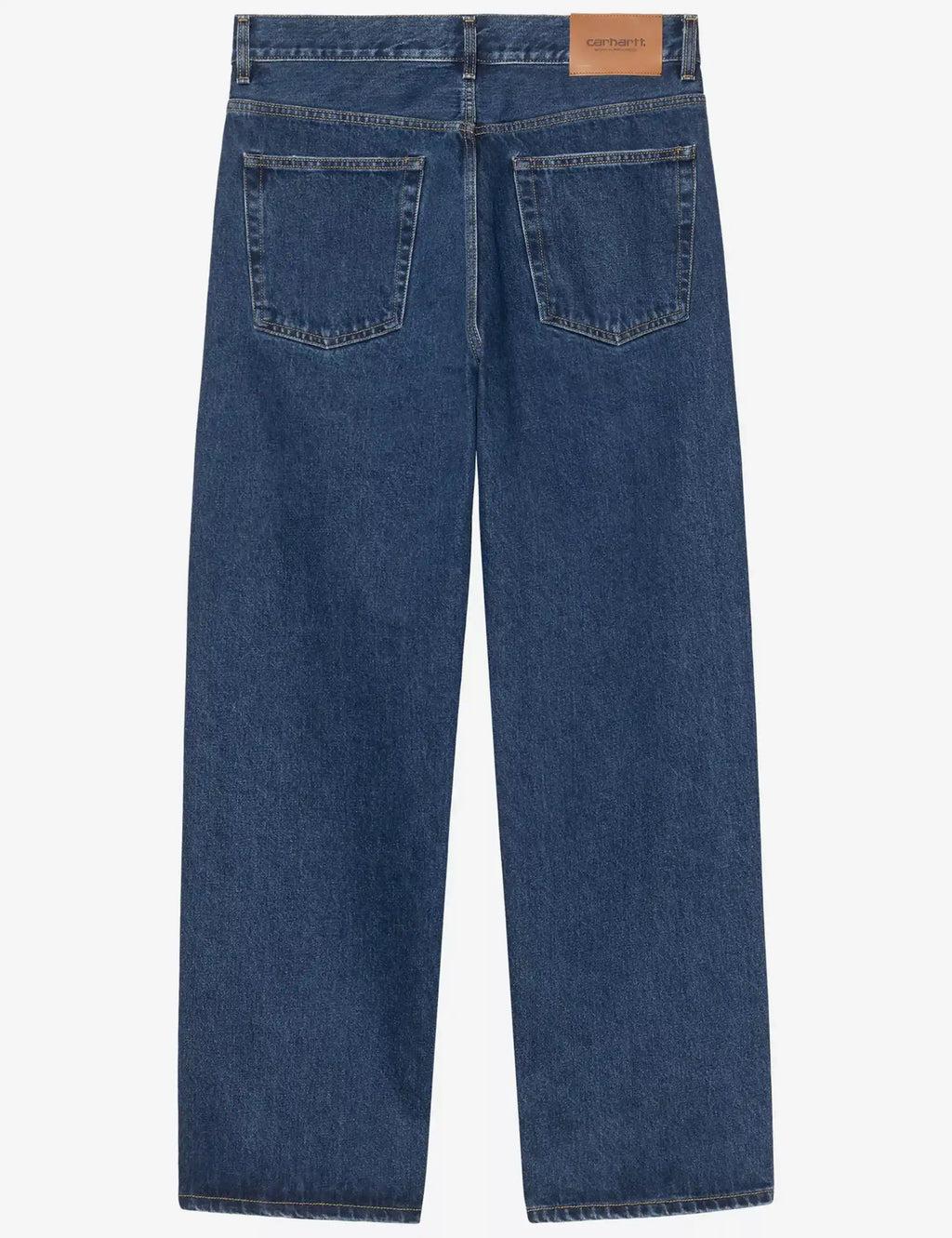 Stone-wash blue denim pant back view, two patch pockets, waistband belt loops.