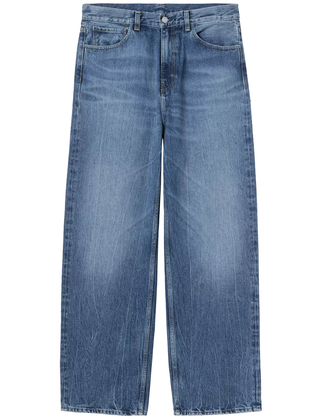 Blue wide-leg denim pant with button fly and front pockets, marble used wash