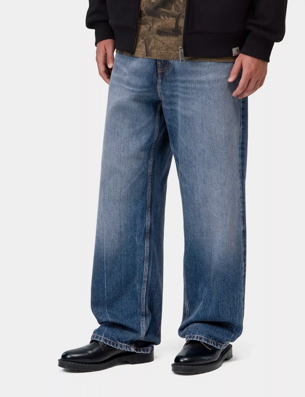 Light blue wide-leg denim pant with belt loops and front seam detail