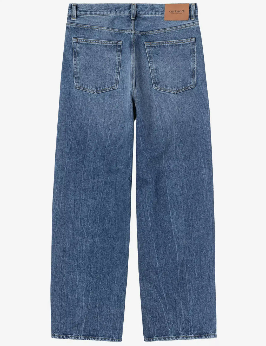 Blue denim pant back view with two patch pockets and orange label at waistband