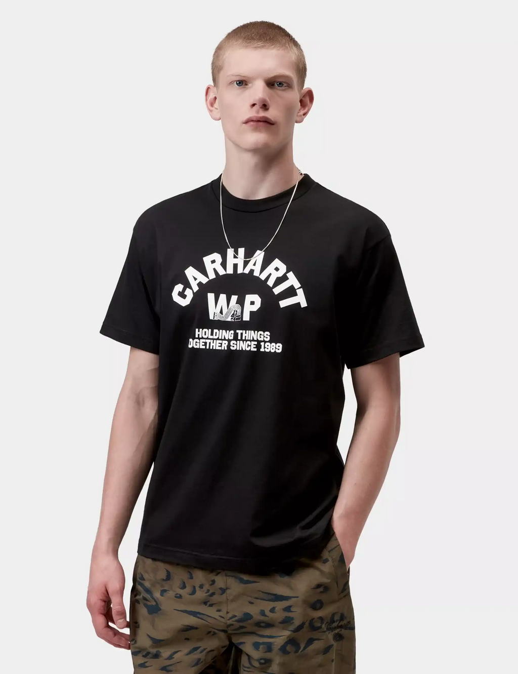 Black crew-neck T-shirt with Carhartt WP chest graphic print