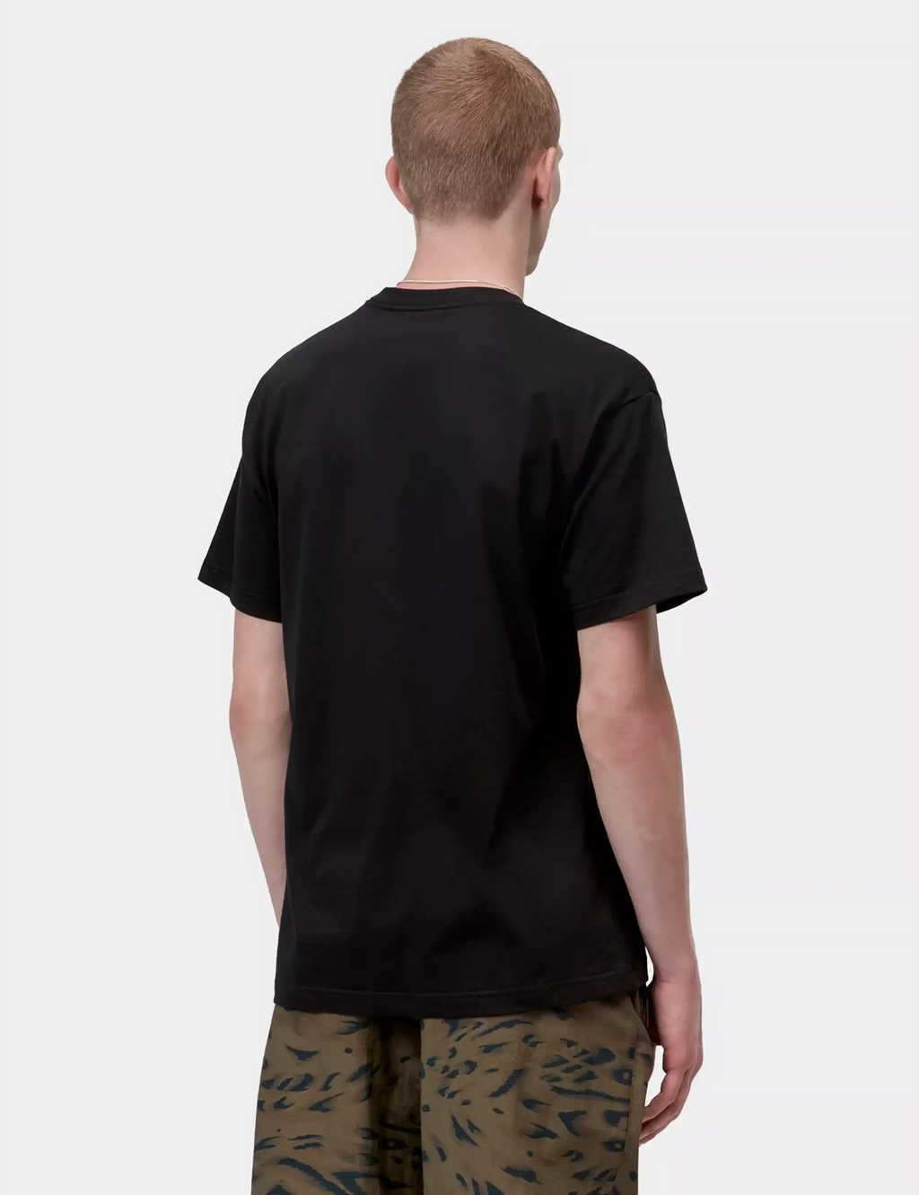Black crew-neck T-shirt, plain back view with short sleeves