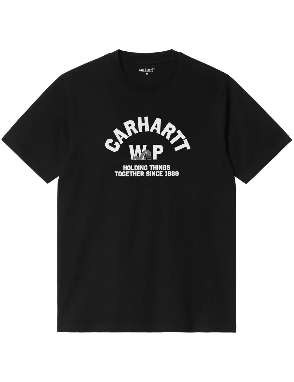 Black crew-neck T-shirt with large center Carhartt WP logo print
