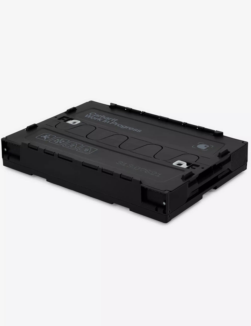 Foldable black plastic storage box with snap-latch lid and side grip handles