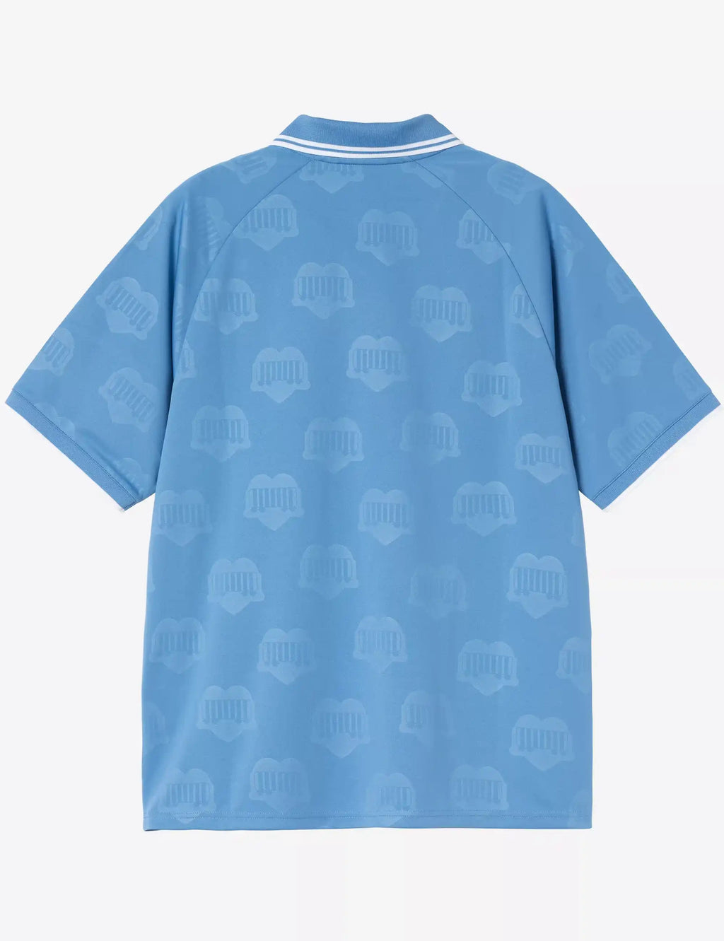 Blue short-sleeve t-shirt with patterned jacquard design and striped ribbed collar