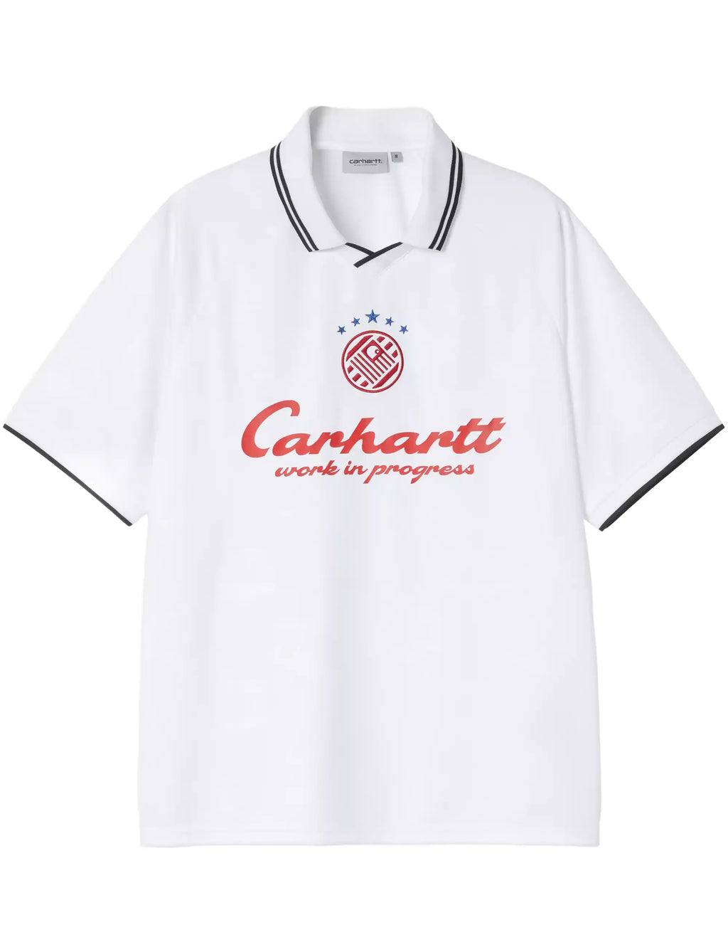 White Carhartt football T-shirt with red logo and black striped collar, chest view
