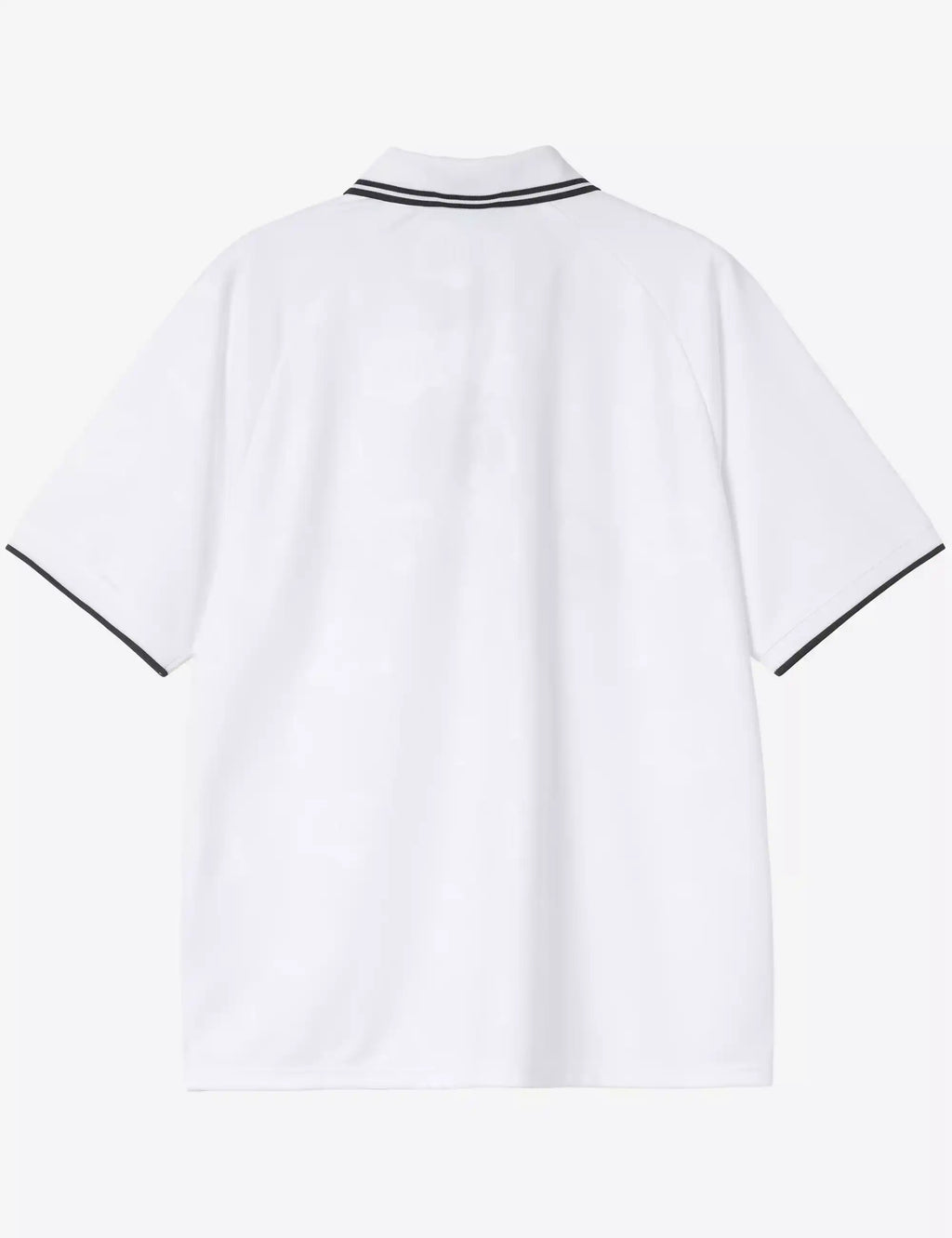 White football T-shirt with black striped collar and short sleeves, back view