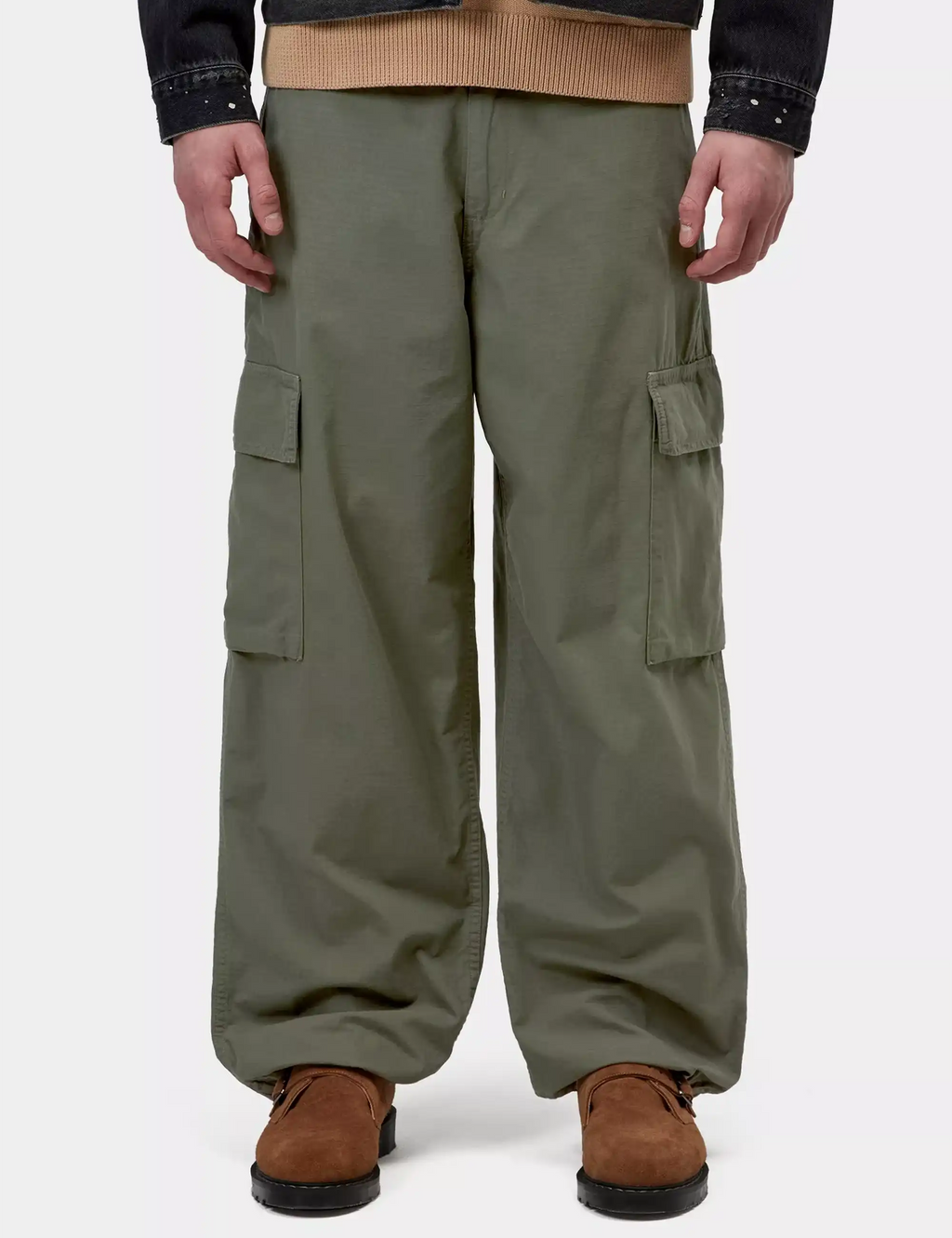 Olive green cargo pants with side cargo pockets, belt loops, and wide legs
