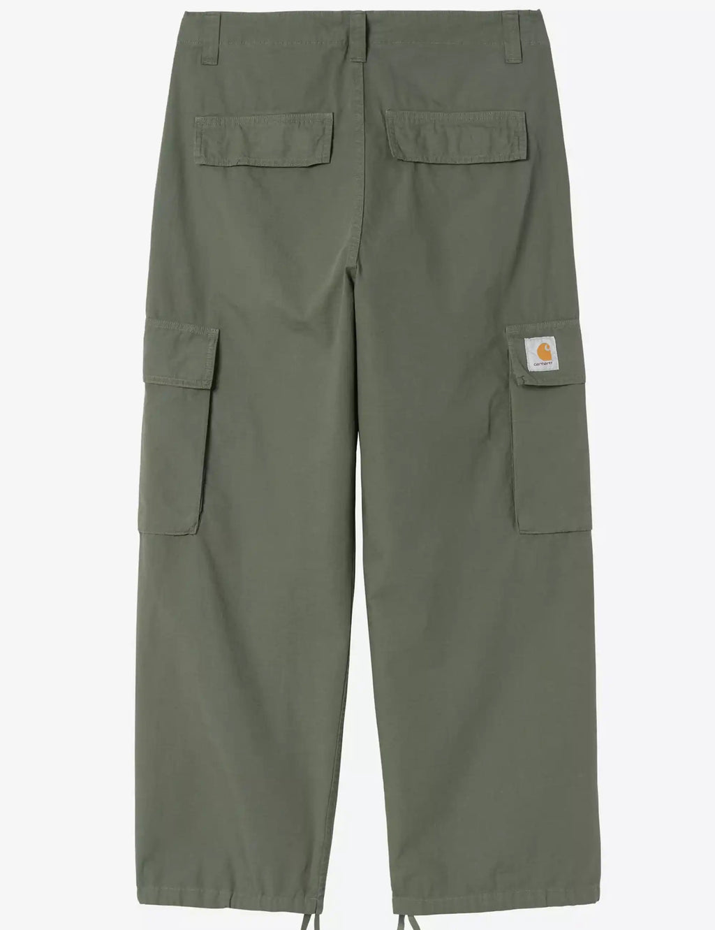 Olive green cargo pants with two flap cargo pockets and label patch