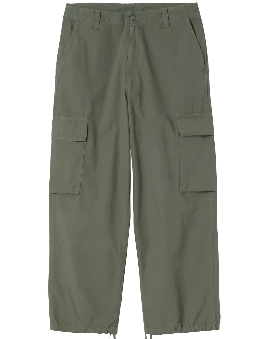 Olive green wide-leg cargo pants with button waist and flap cargo pockets