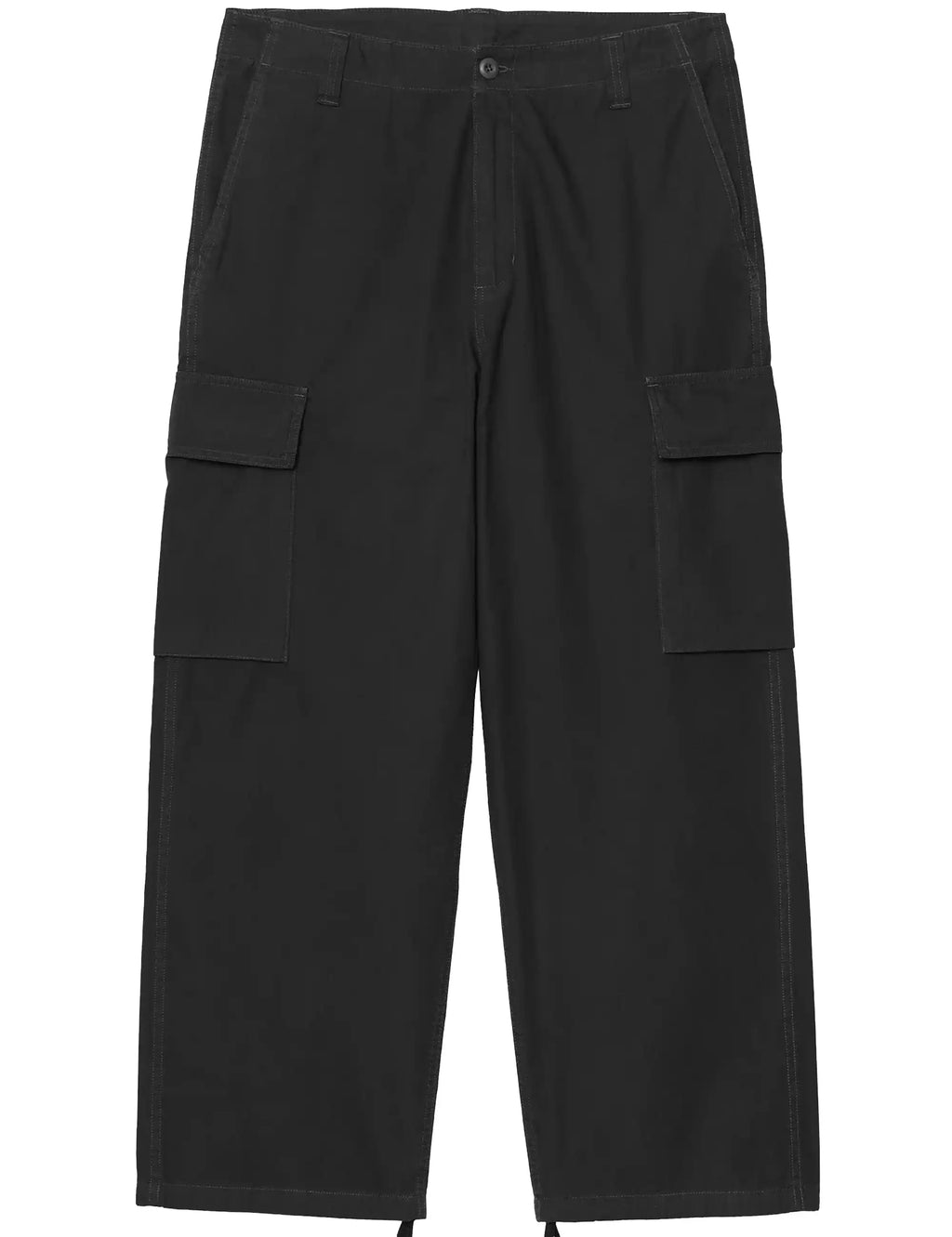 Black cargo pants with relaxed fit, front button closure, and two side cargo pockets