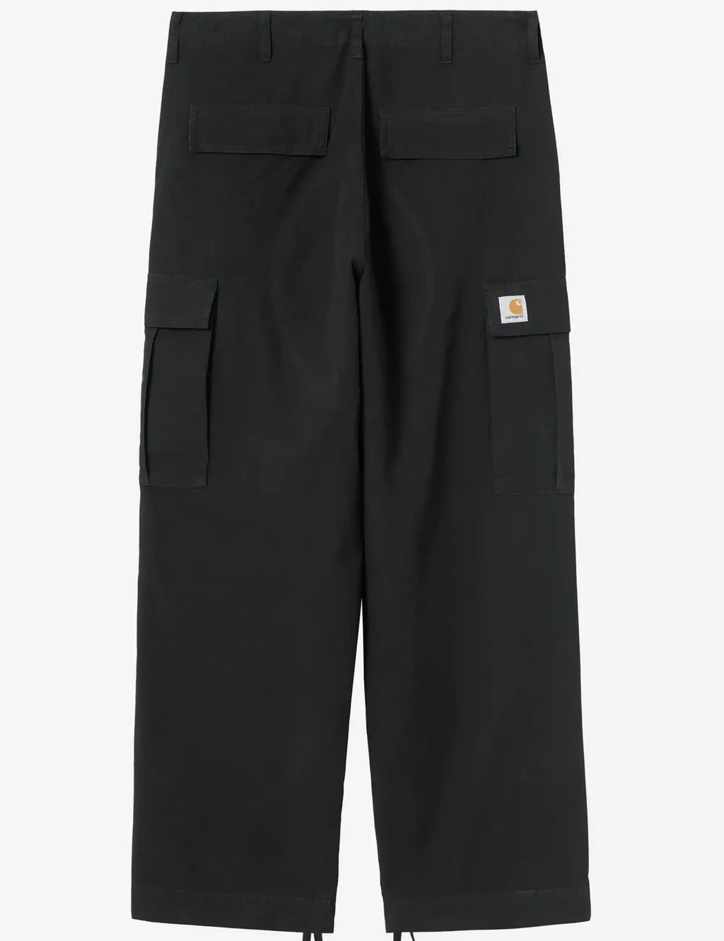 Black cargo pants with two front flap pockets and side utility cargo pockets, relaxed straight fit.