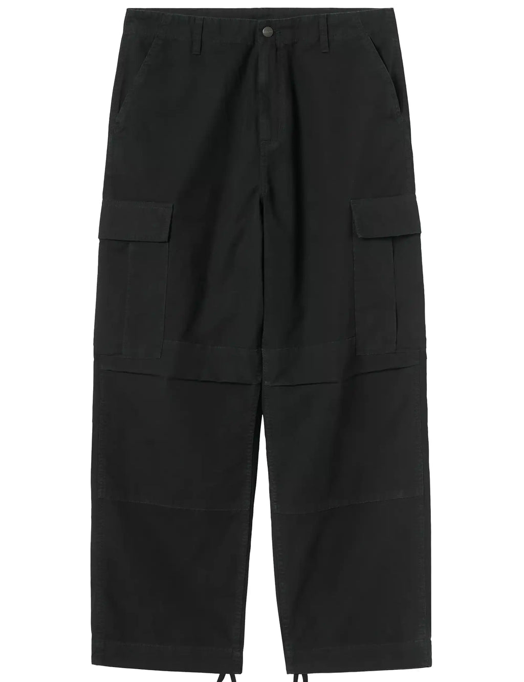 Black cargo pants front view with drawstring waist and oversized flap cargo pockets on the legs.