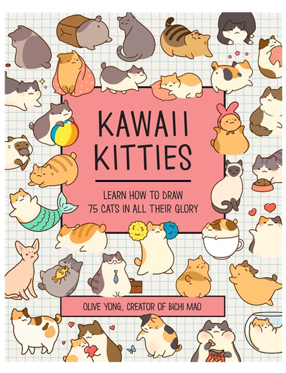 Book cover of 'Kawaii Kitties' with various cute cat illustrations on a checkered background.