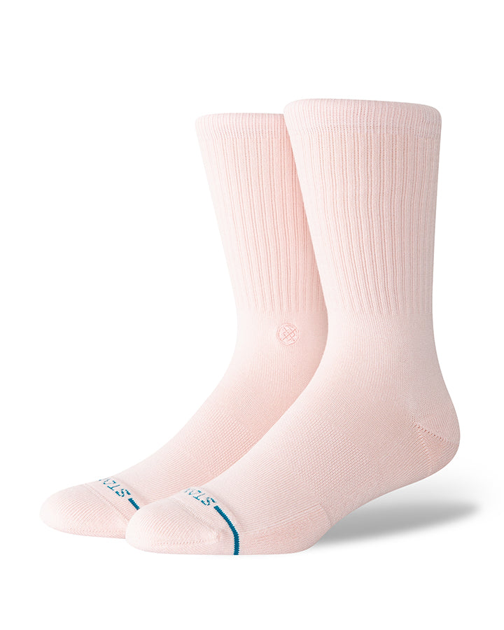 Pink crew socks, ribbed knit with small logo and blue heel stripe
