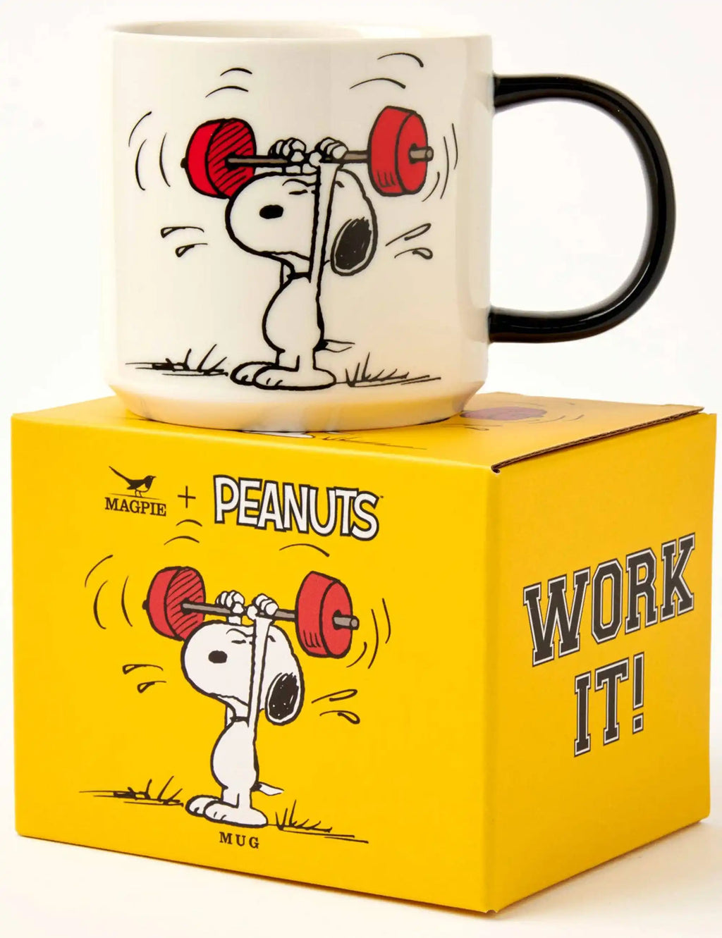 Peanuts mug with Snoopy barbell artwork, red weights, and black handle
