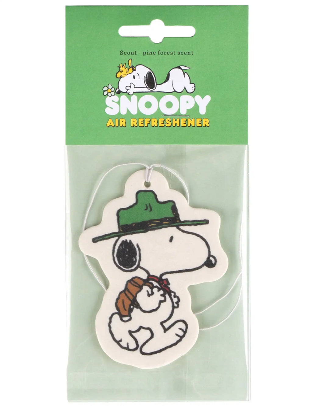 Snoopy air refreshener charm on green package, Scout pine forest scent