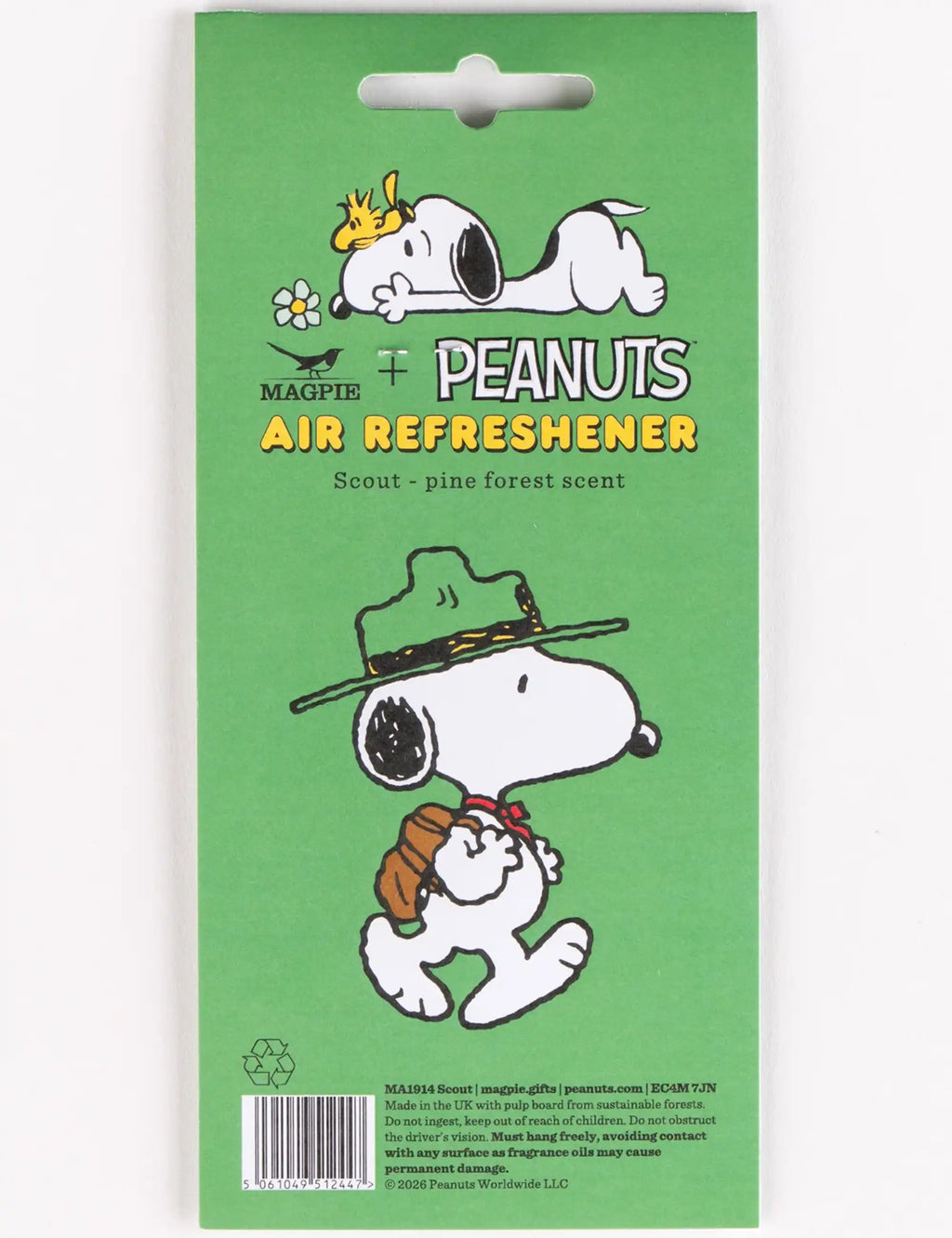 Snoopy air refreshener package back with barcode and pine forest scent