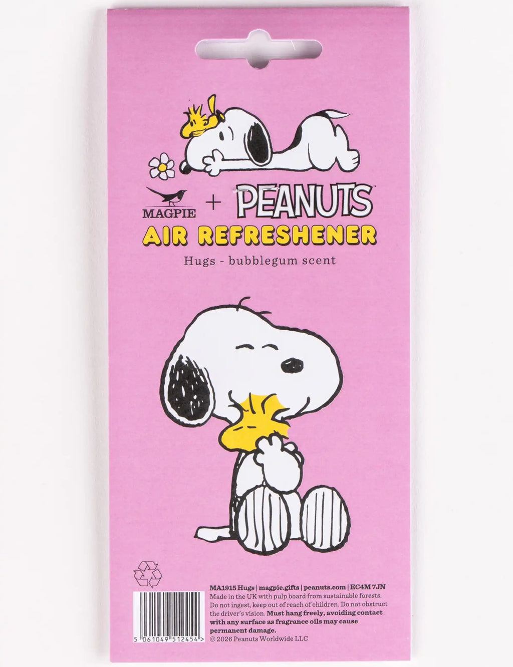 Peanuts Air Refreshener Hugs package with Snoopy hugging cartoon illustration