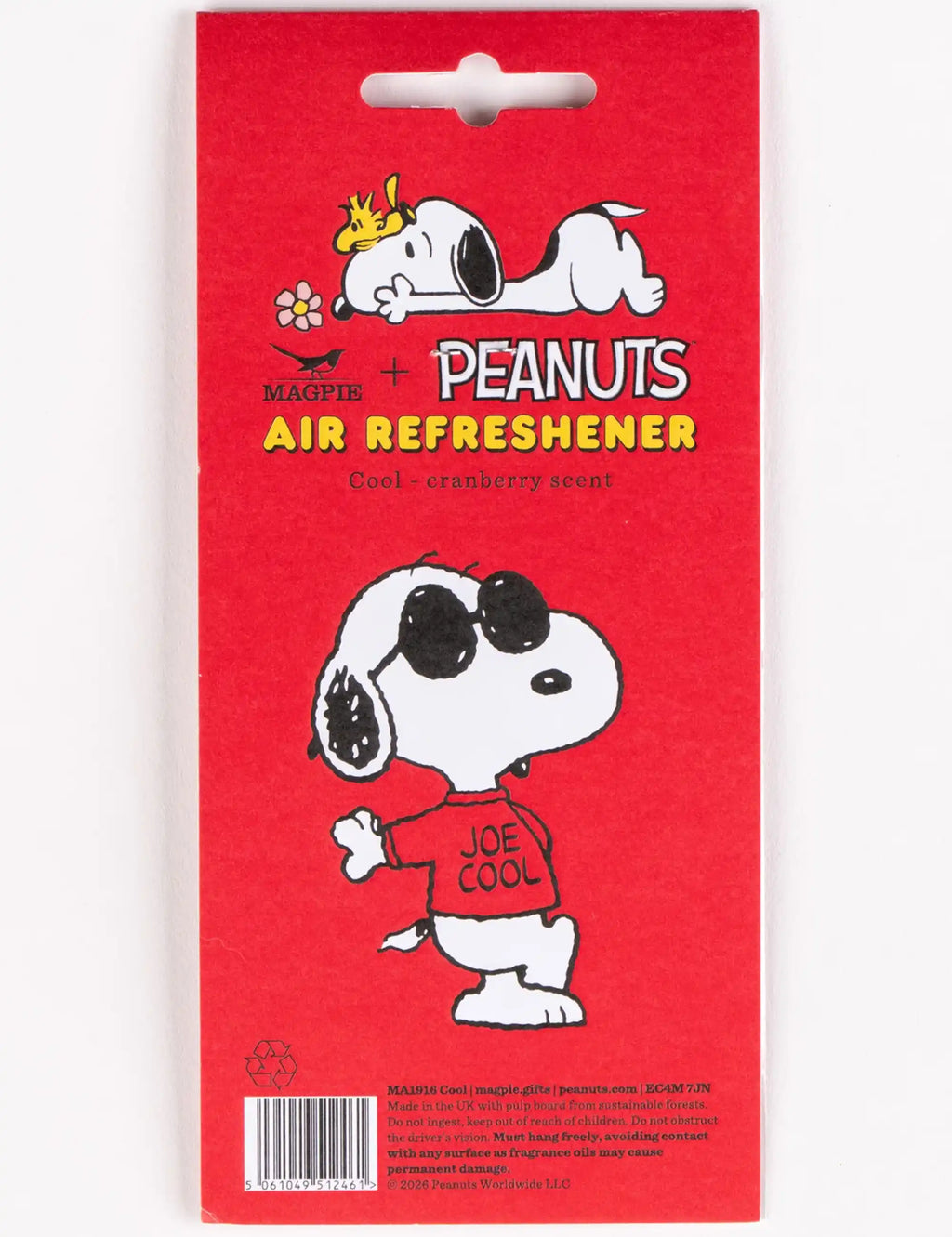 Peanuts air refresher package featuring Snoopy in a Joe Cool red shirt