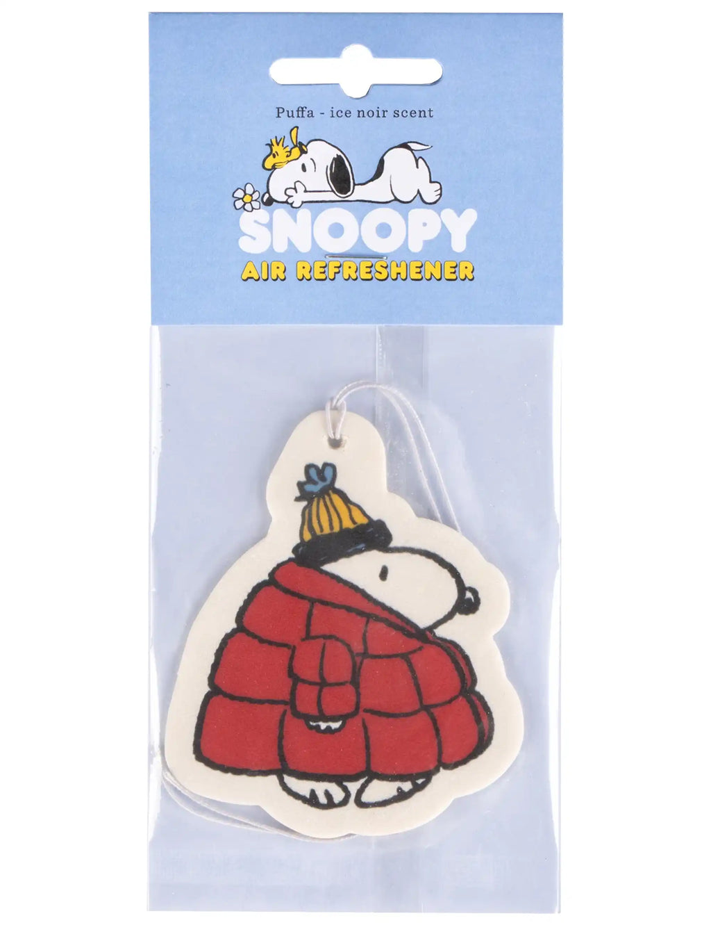 Hanging Peanuts air freshener tag with Snoopy in red puffer jacket