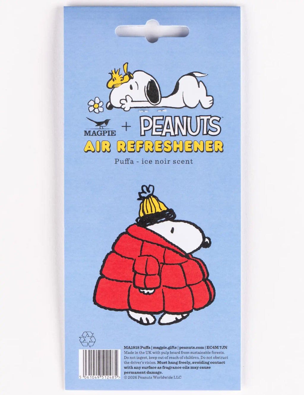 Peanuts air freshener package showing Snoopy in red puffer jacket