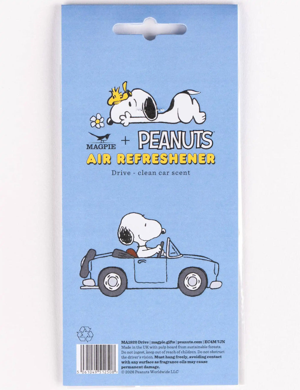 Car air freshener packaging featuring Snoopy in a blue convertible
