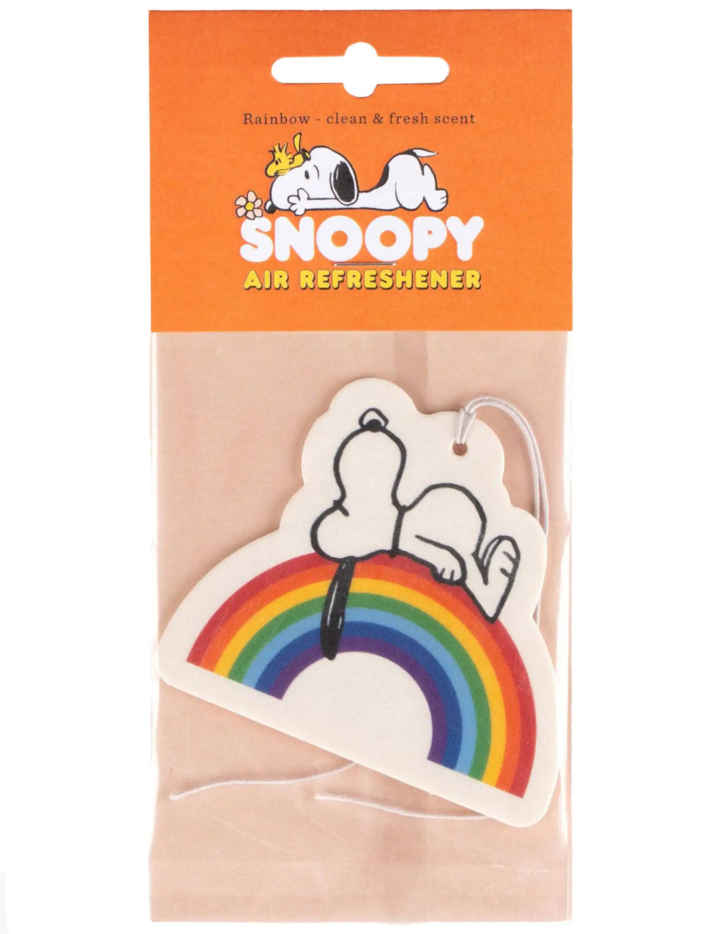 Snoopy car air freshener pack with hanging tag and rainbow graphic