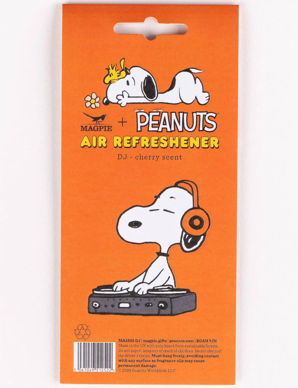 Snoopy air refreshener card showing DJ Snoopy with headphones over a gray boombox