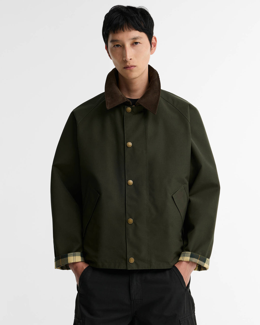 Barbour Reversible Transporter Casual Jacket in Sage and Ancient Tartan, front view