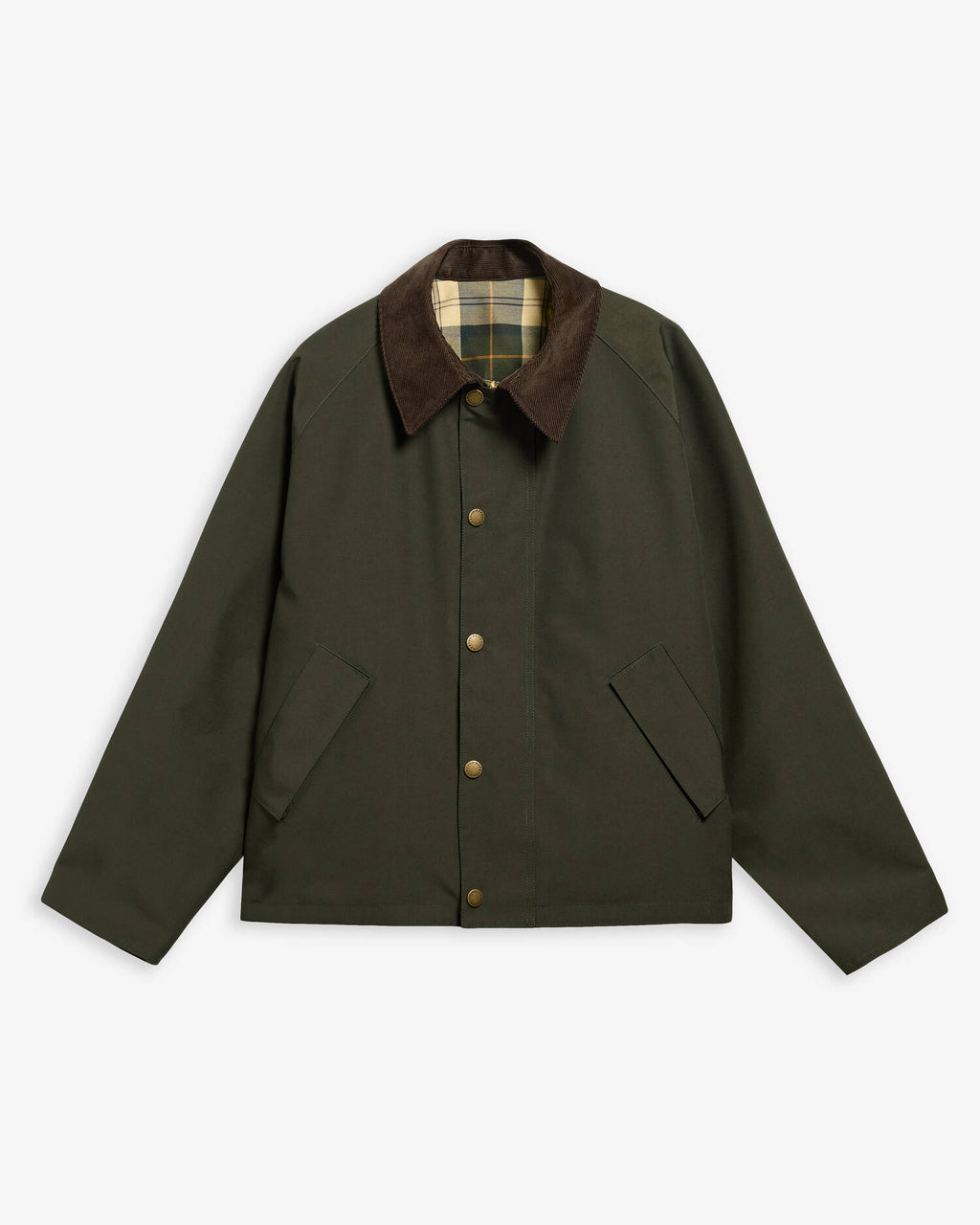 Barbour Reversible Transporter Casual Jacket in Sage and Ancient Tartan, flat lay