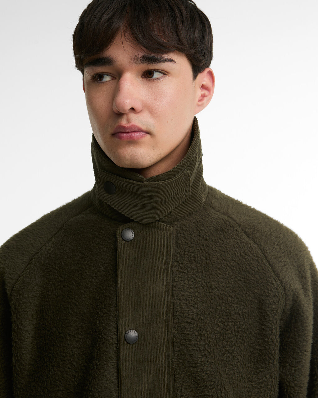 Sage fleece jacket neckline with two-button placket and stand collar