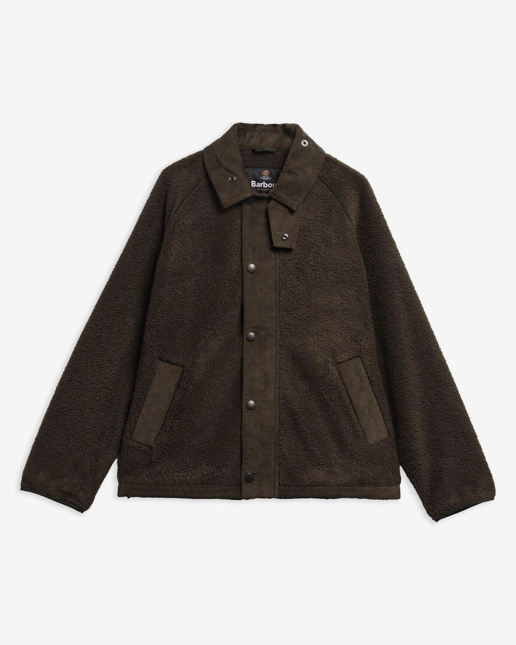 Dark fleece jacket with button-front and chest flap pockets