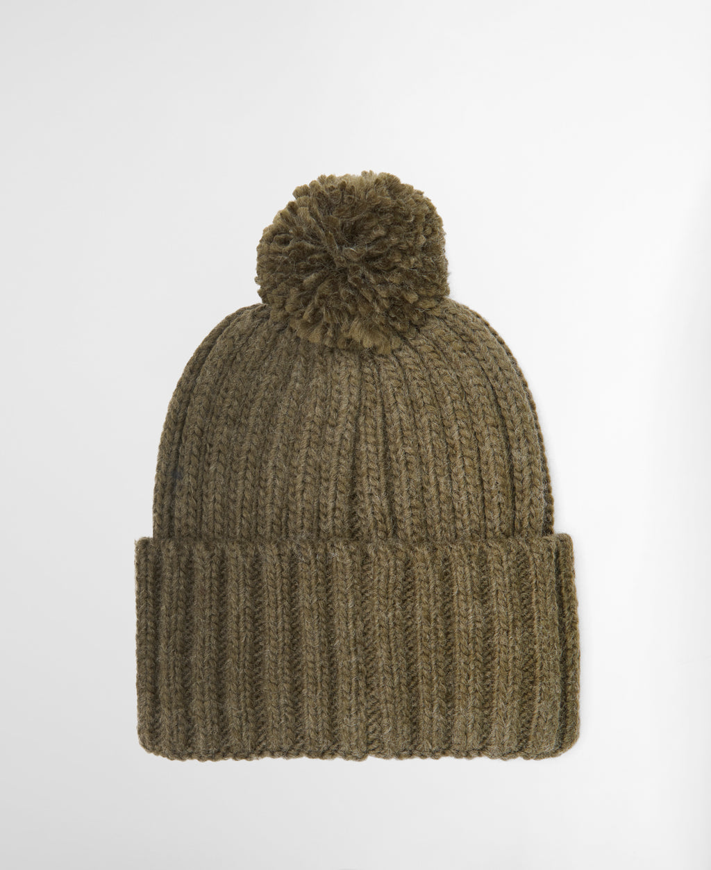 Olive ribbed knit beanie hat with large pom-pom