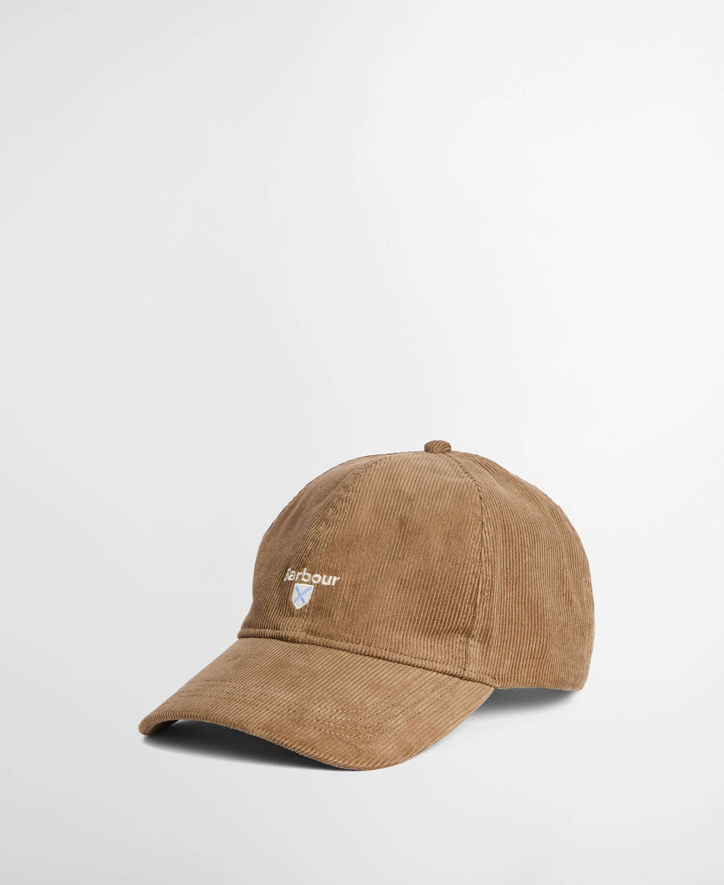 Beige cord cap with Barbour logo on front and curved brim
