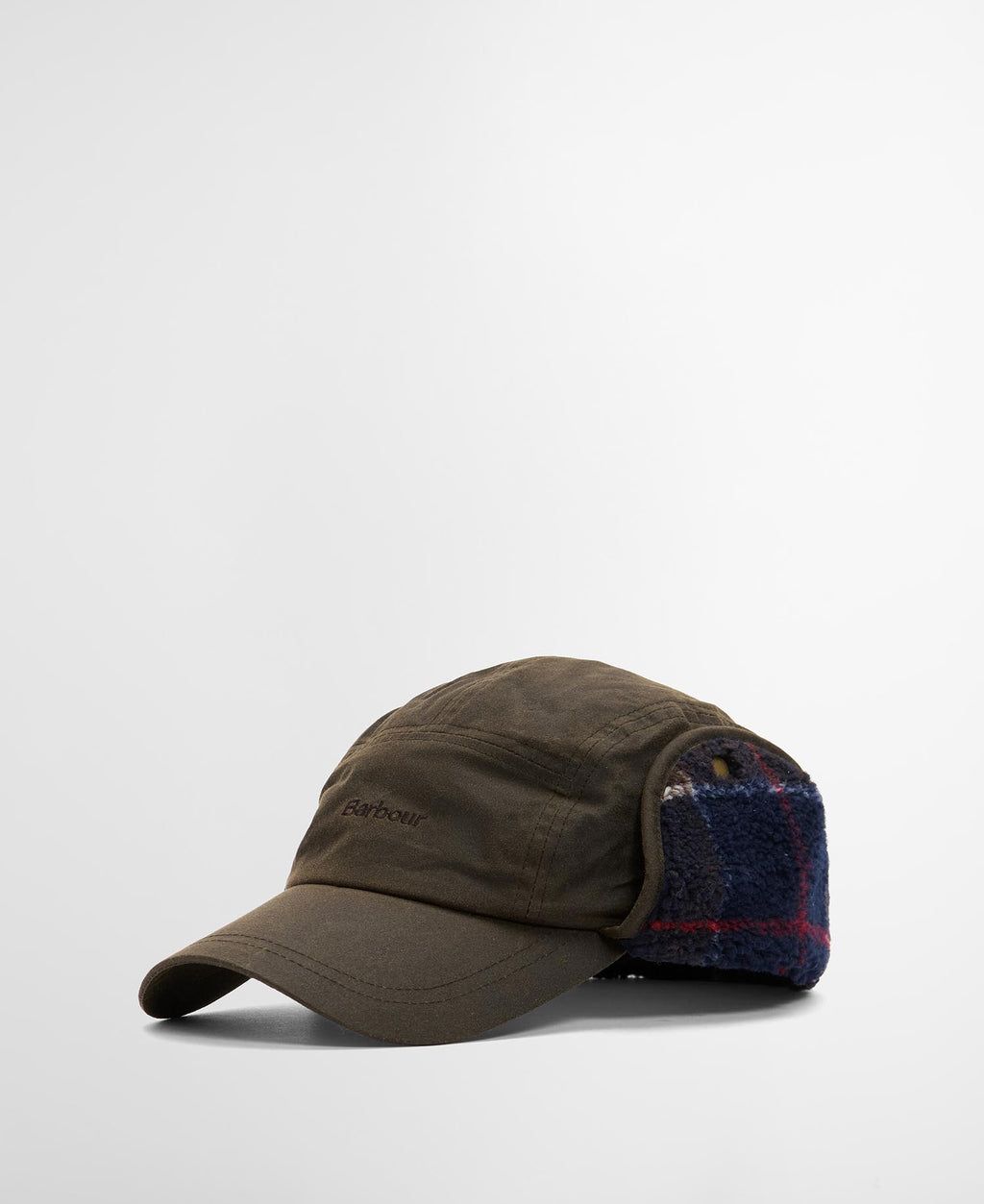 Olive carpenter cap with navy-and-red fleece ear panels and curved brim