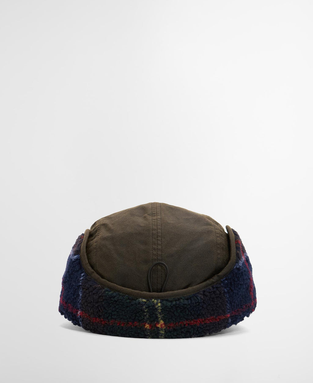 Olive cap with navy fleece ear lining and corded top opening
