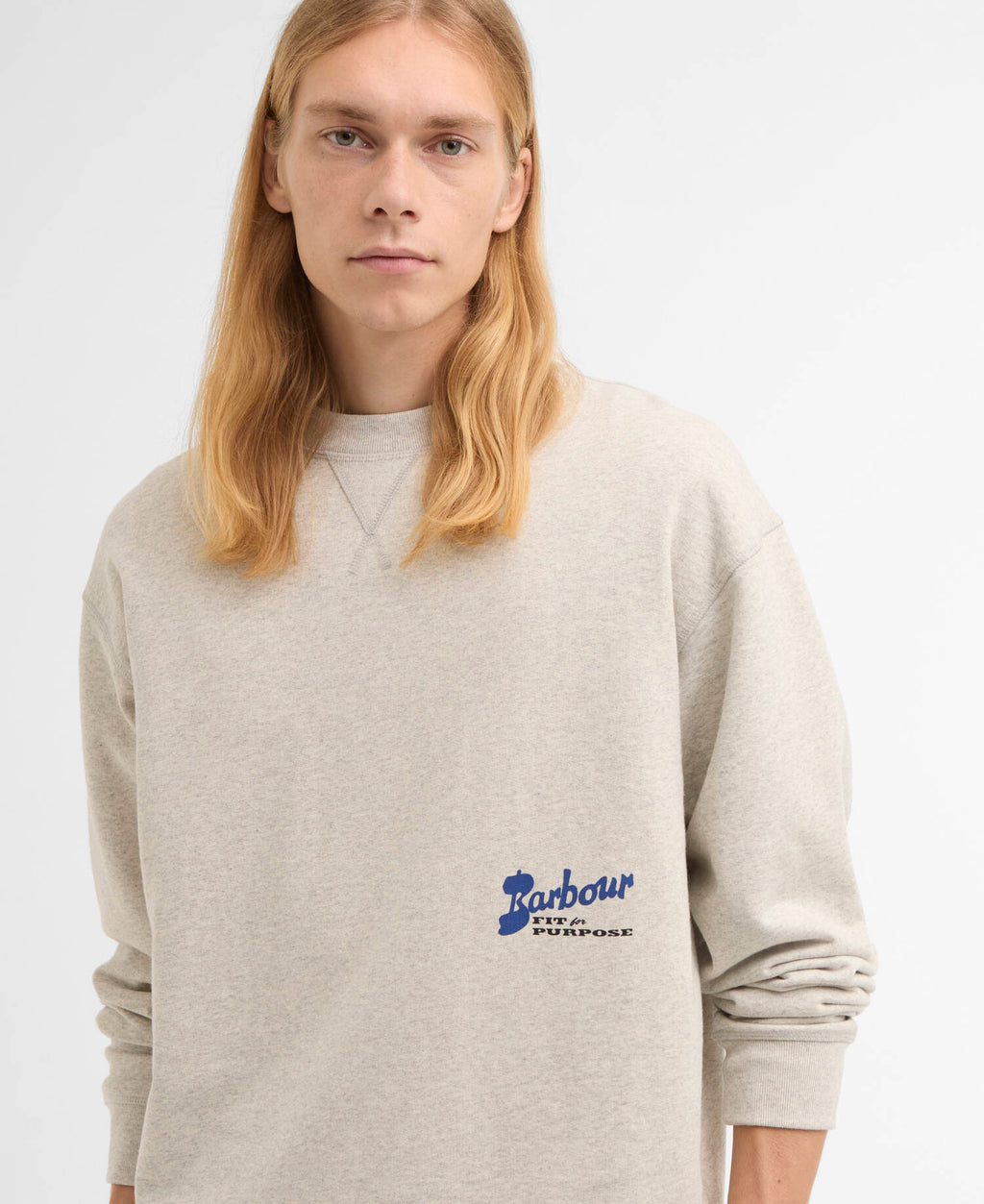 Barbour Blythe Crew Neck Sweatshirt in Neutral Marl, chest graphic detail