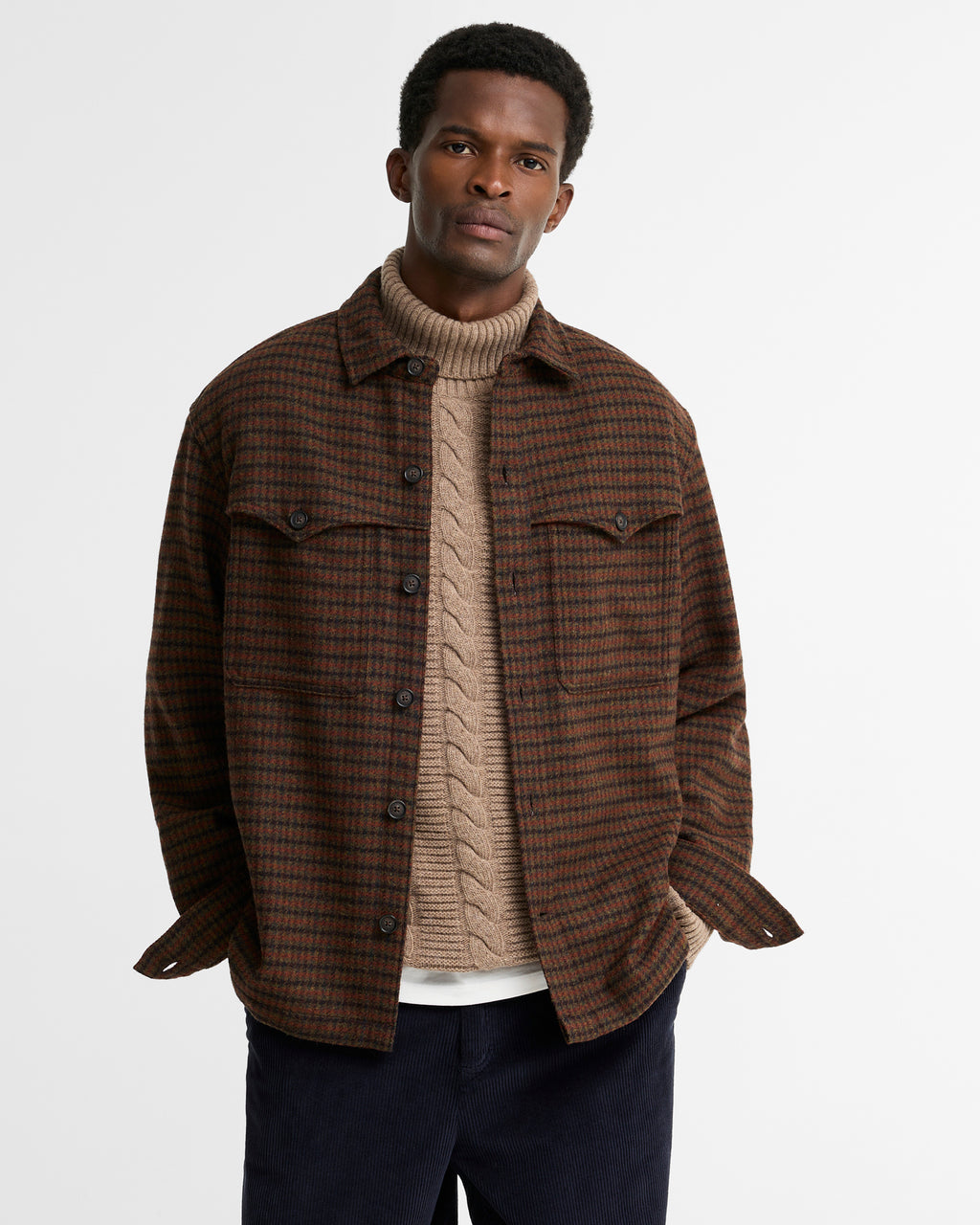 Barbour Hatfield OS Houndstooth Overshirt in Chestnut, front view
