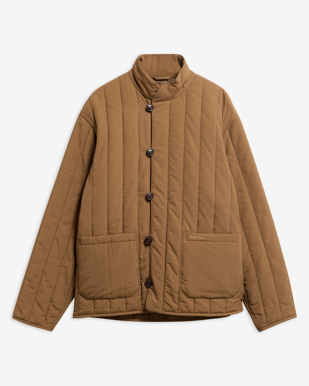 Sepia quilted jacket with high collar, snap buttons, and front patch pockets